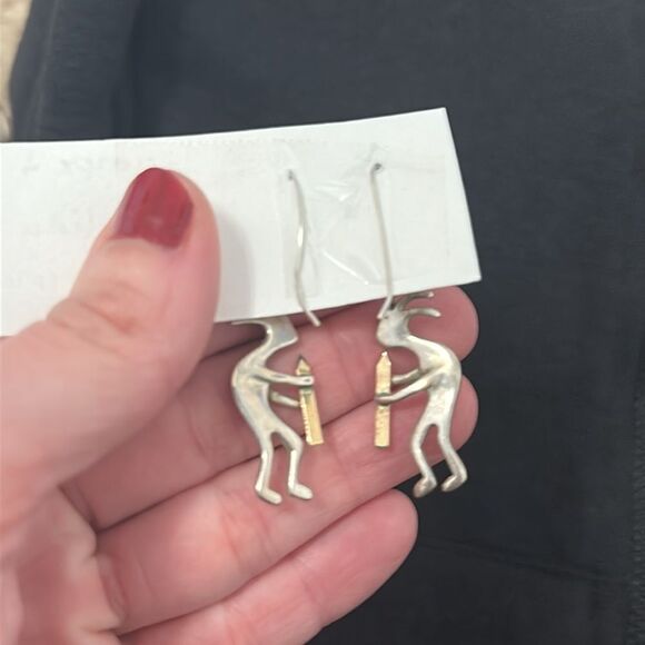 Native American 925 Sterling Silver Kokopelli Earrings with Gold Tone - Picture 3 of 7